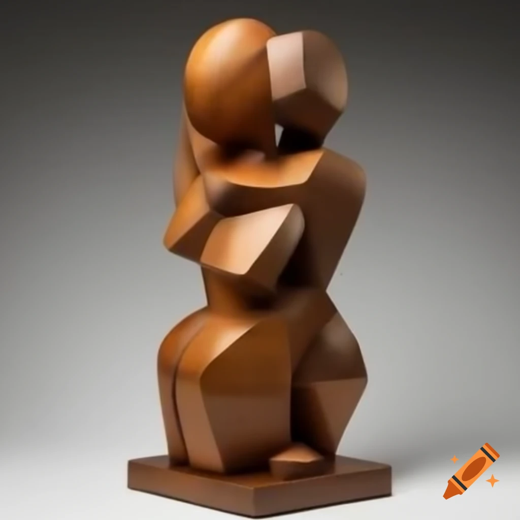Cubist sculpture of a female figure crafted from rough painted wood