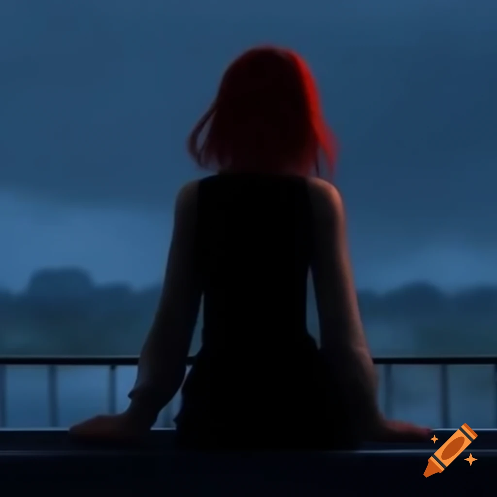 Girl with dark red hair in a black dress sitting in the rain looking up