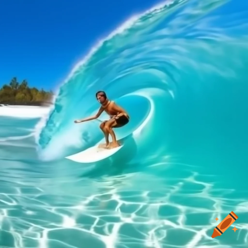 Surfer performing off the lip maneuver on clear wave at tropical island