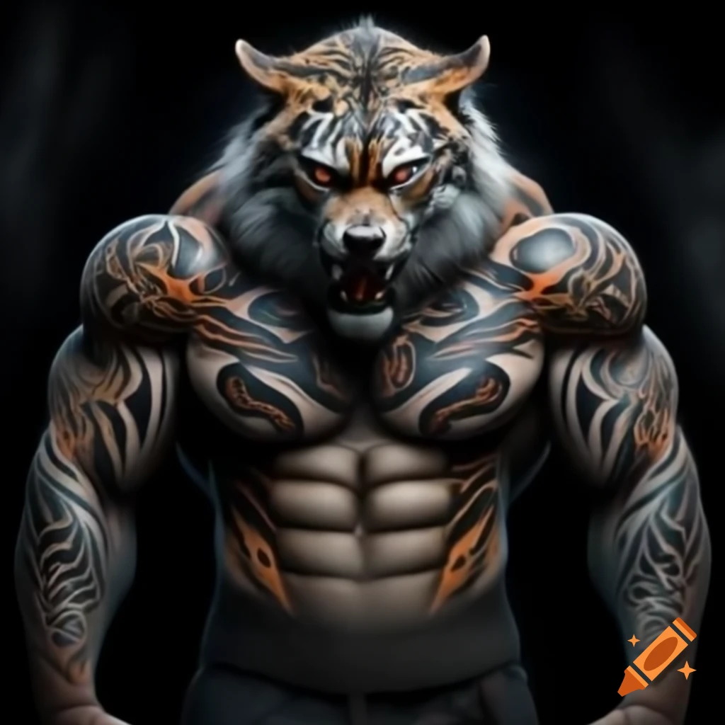 Muscular werewolf-tiger warrior featuring Maori tattoos