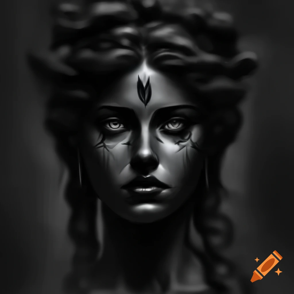 Greek goddess portrait illustration in black ink, stipple drawing by Stephen e Fabian