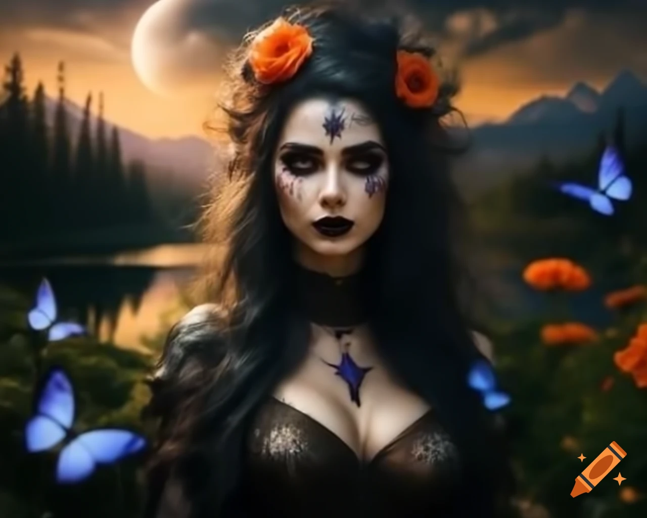 Hyperrealistic octane render of Gothic woman with floral and butterfly hair decoration