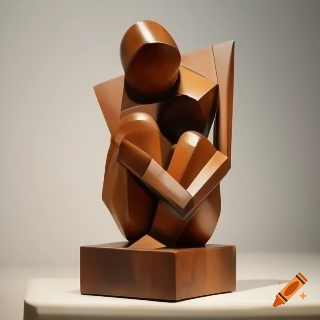 Cubist sculpture of a female figure crafted from rough painted wood