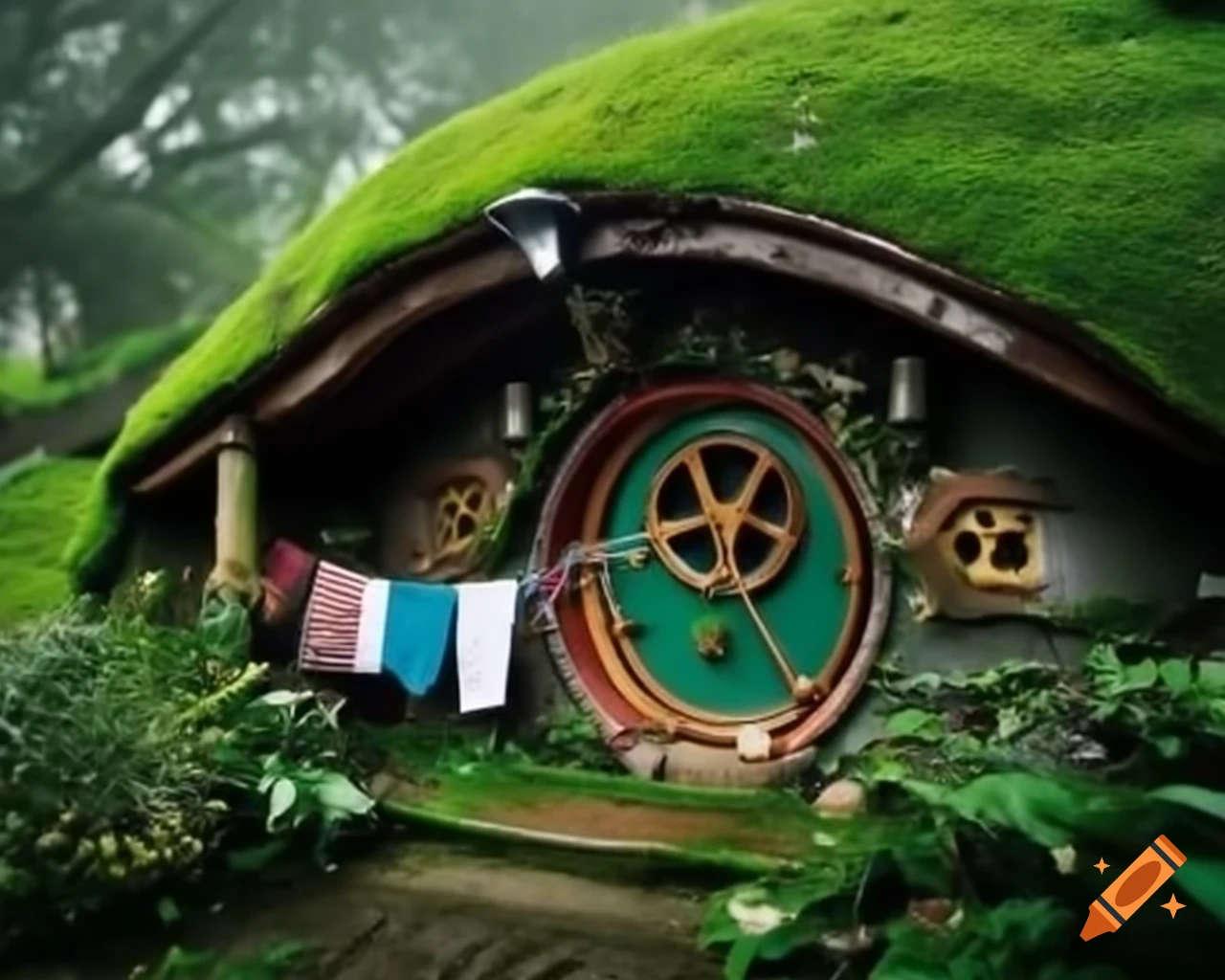 Mossy hobbit house with clothes in garden on a rainy day, raw photography