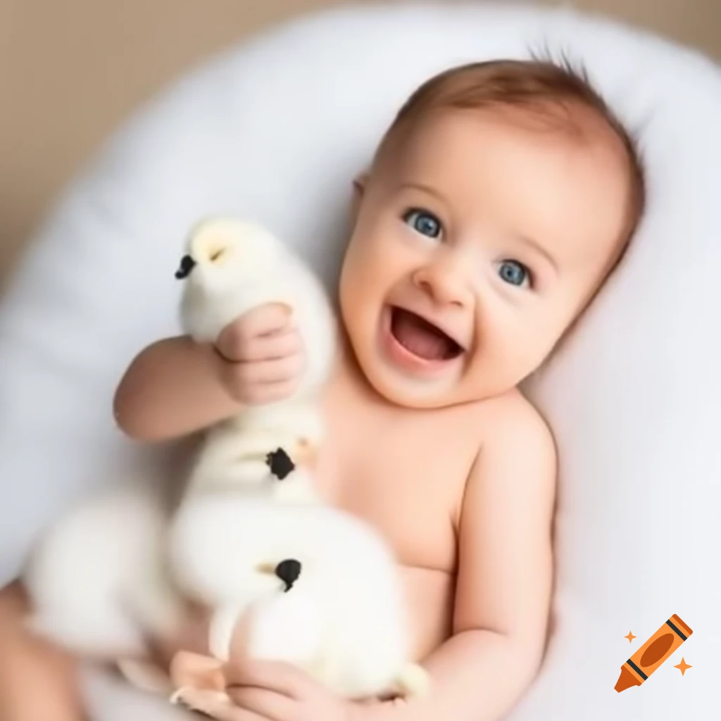 Happy healthy baby surrounded by bio baby care products and cute chicks