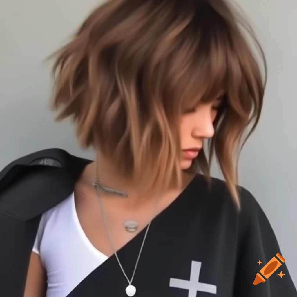 Female with wolf cut hairstyle wearing oversized tee shirt and black cargo pants