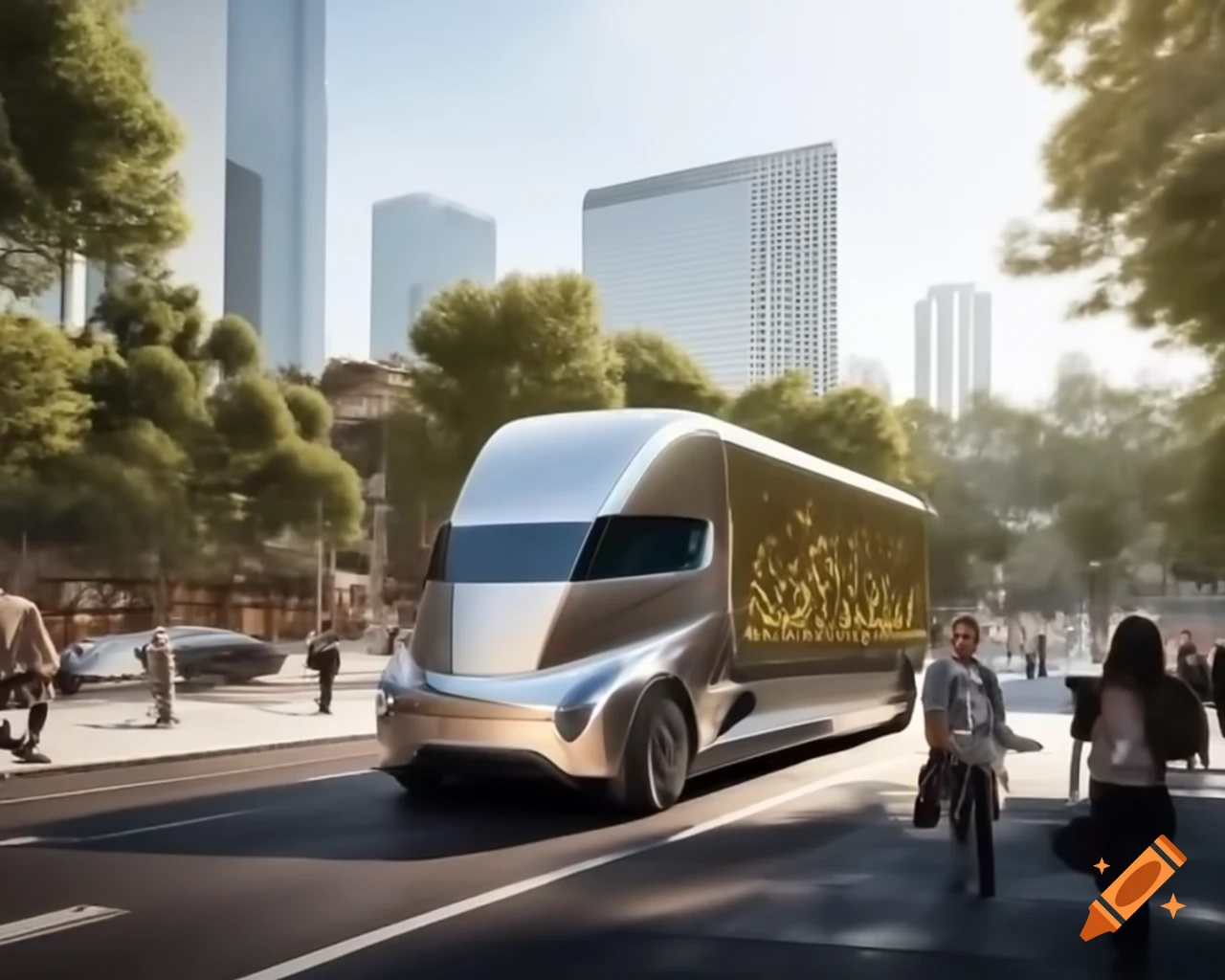 Futuristic truck in urban landscape with greenery cascading down the side