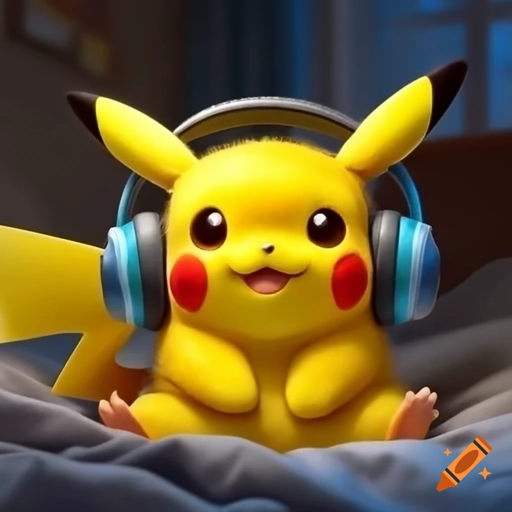 Pikachu with headphones relaxing in bed