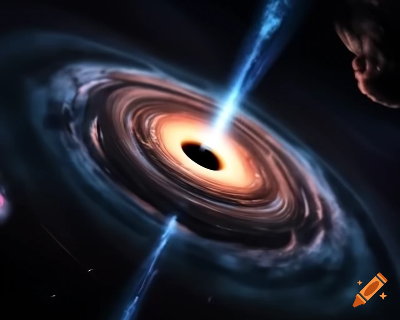 Realistic image of a black hole in star-filled space with artistic lens flare