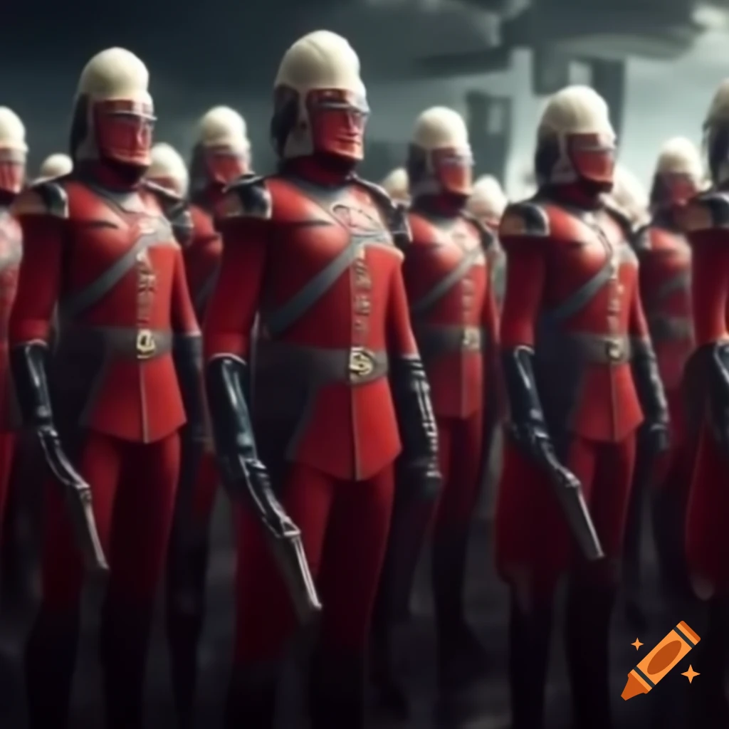 Futuristic Gallifrey Guards charging in red and white uniforms