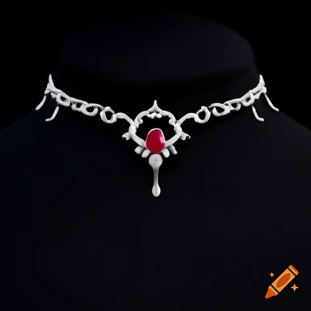Gothic style choker design inspired by cymatic patterns with red ruby
