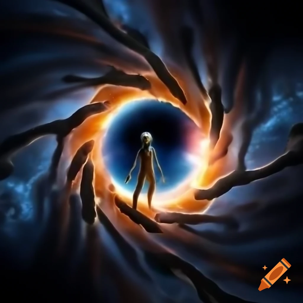 Alien figure creating a hole shape with hands in front of shimmering nebulae