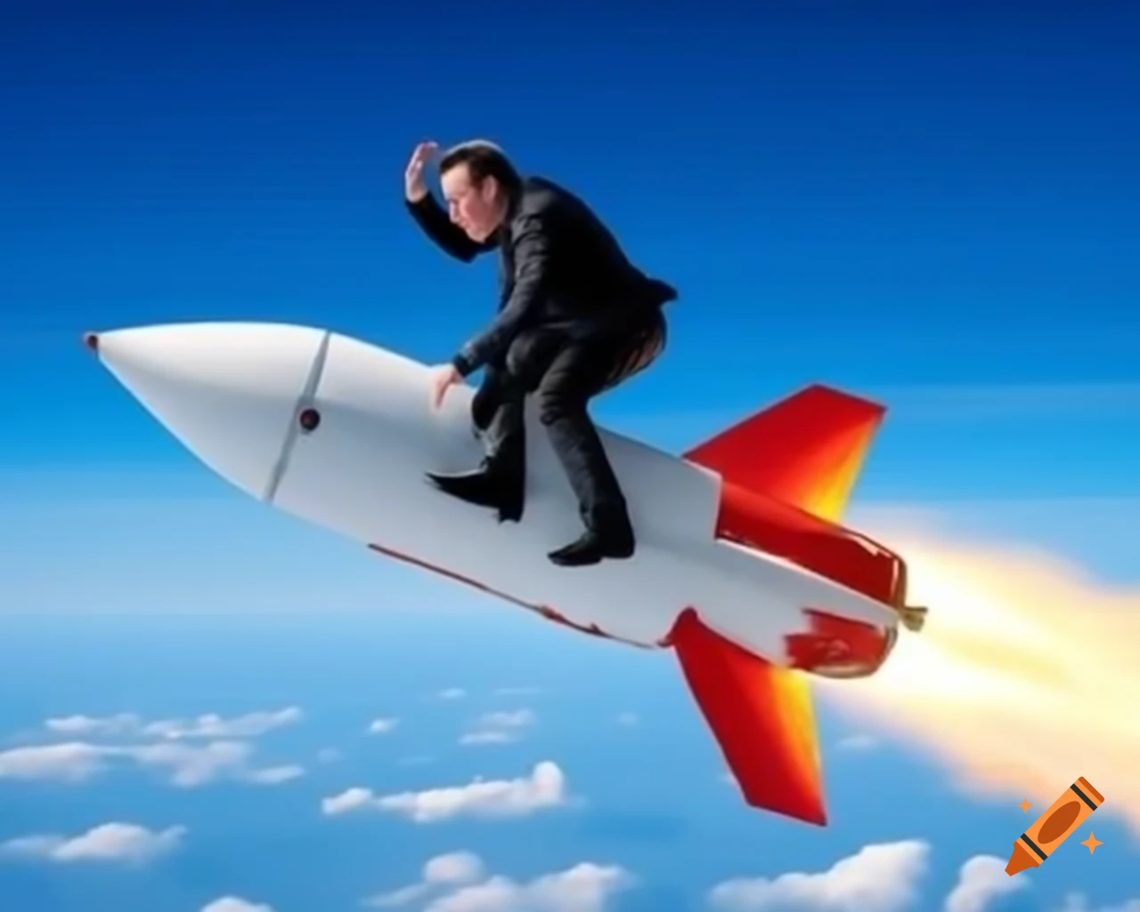 Elon Musk riding atop a rocket