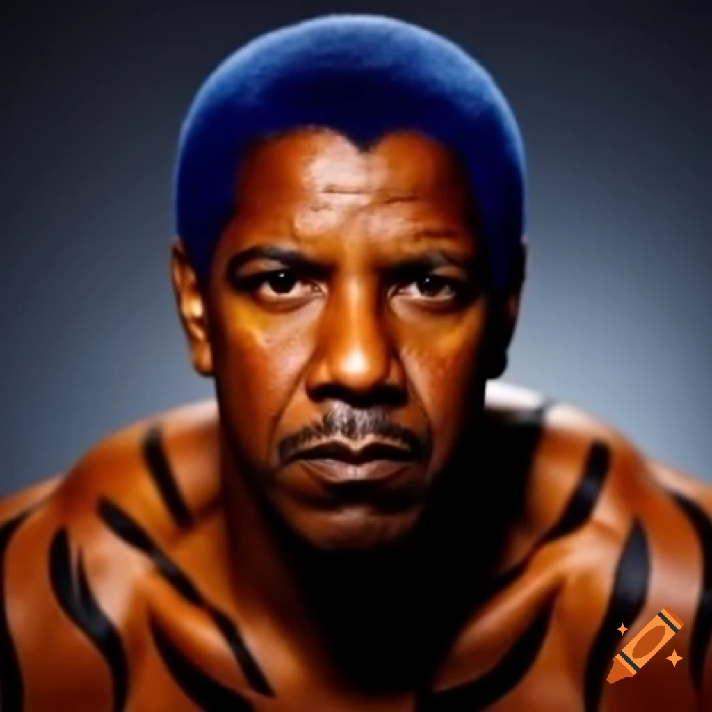 Muscular character with tiger-style makeup featuring blue hair and orange skin