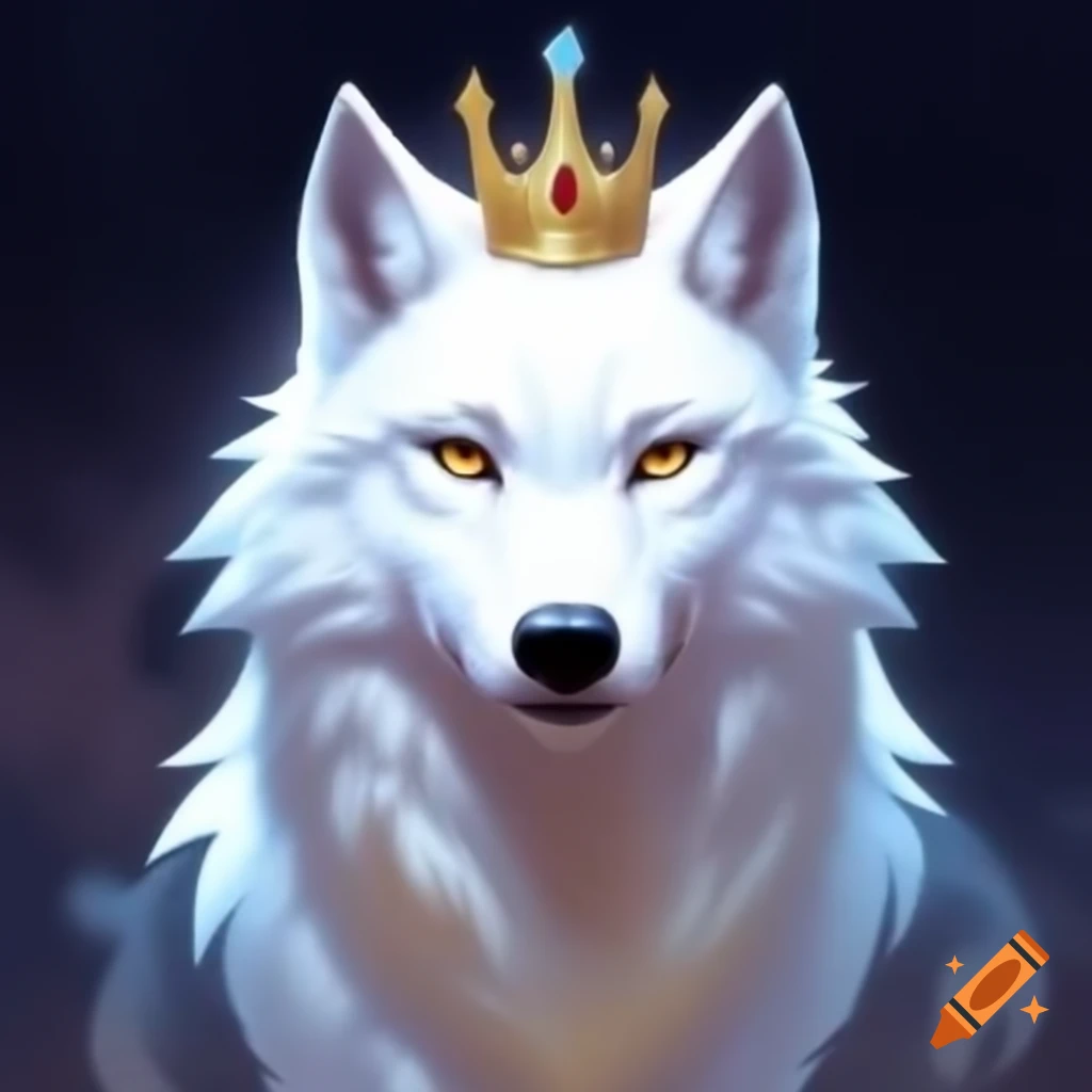 Female white wolf wearing a crown