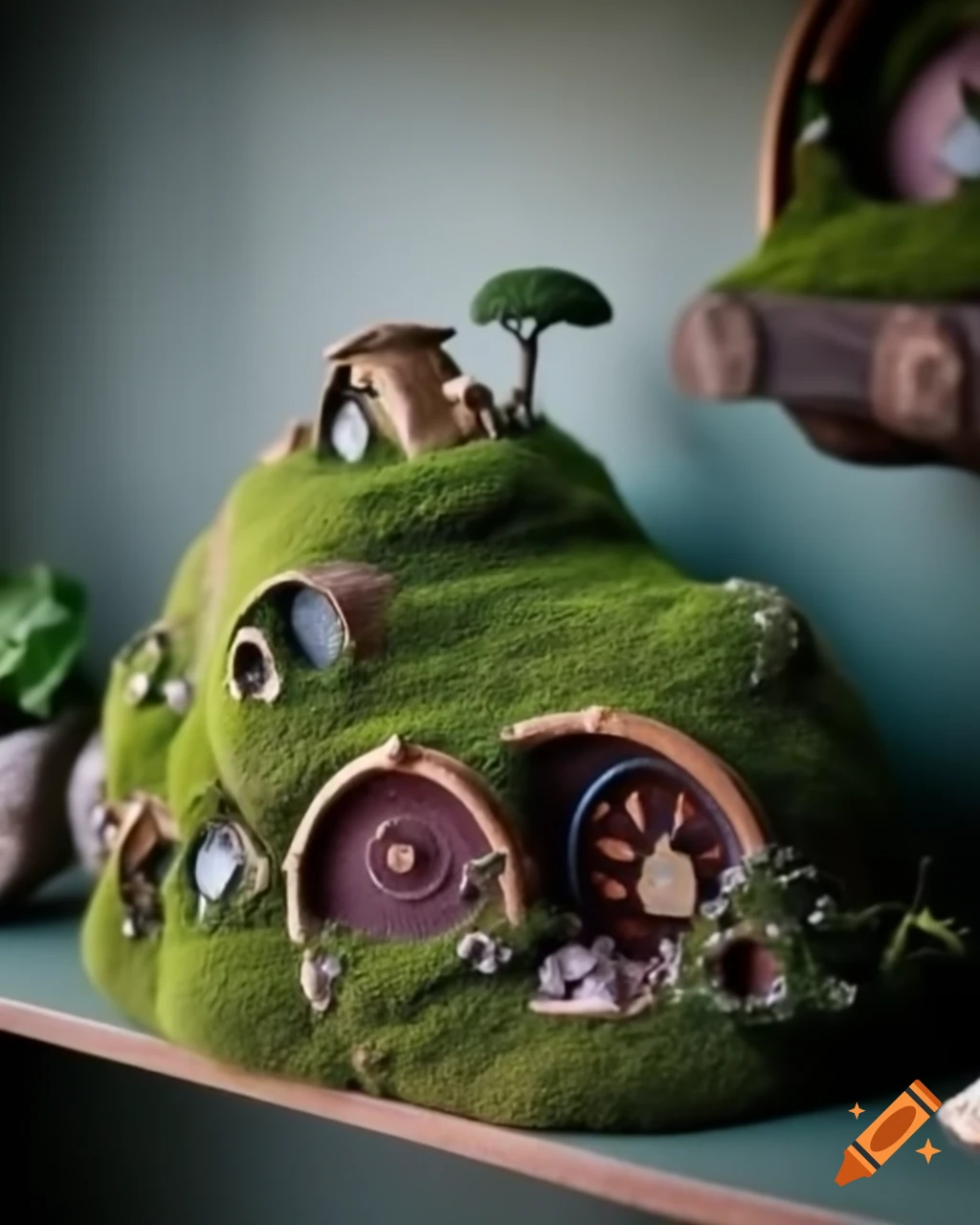 Moss-covered hobbit homes on minimalist shelf, whimsical decor