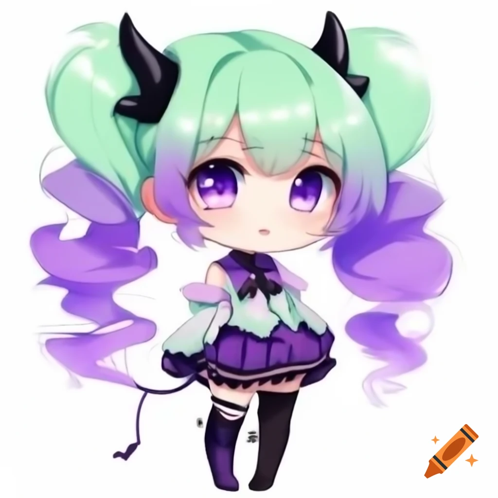 Anime chibi character with pastel hair and unique fashion features