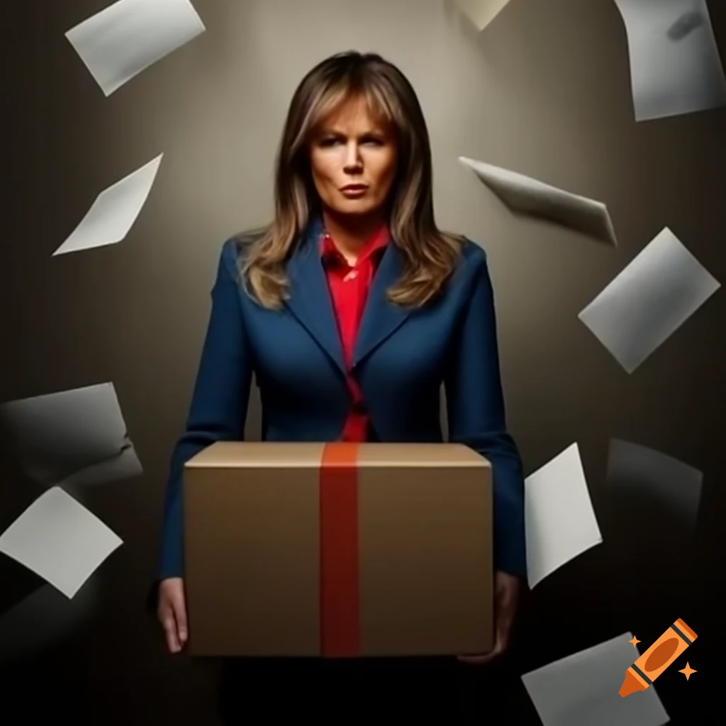 Photorealistic depiction of Melania Trump and Vladimir Putin exchanging a box of papers