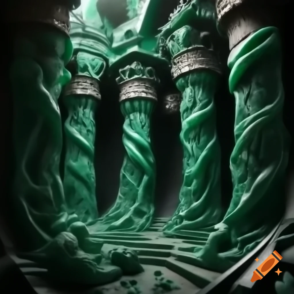 Surreal cityscape with malachite pillars resembling strange figures, high detail