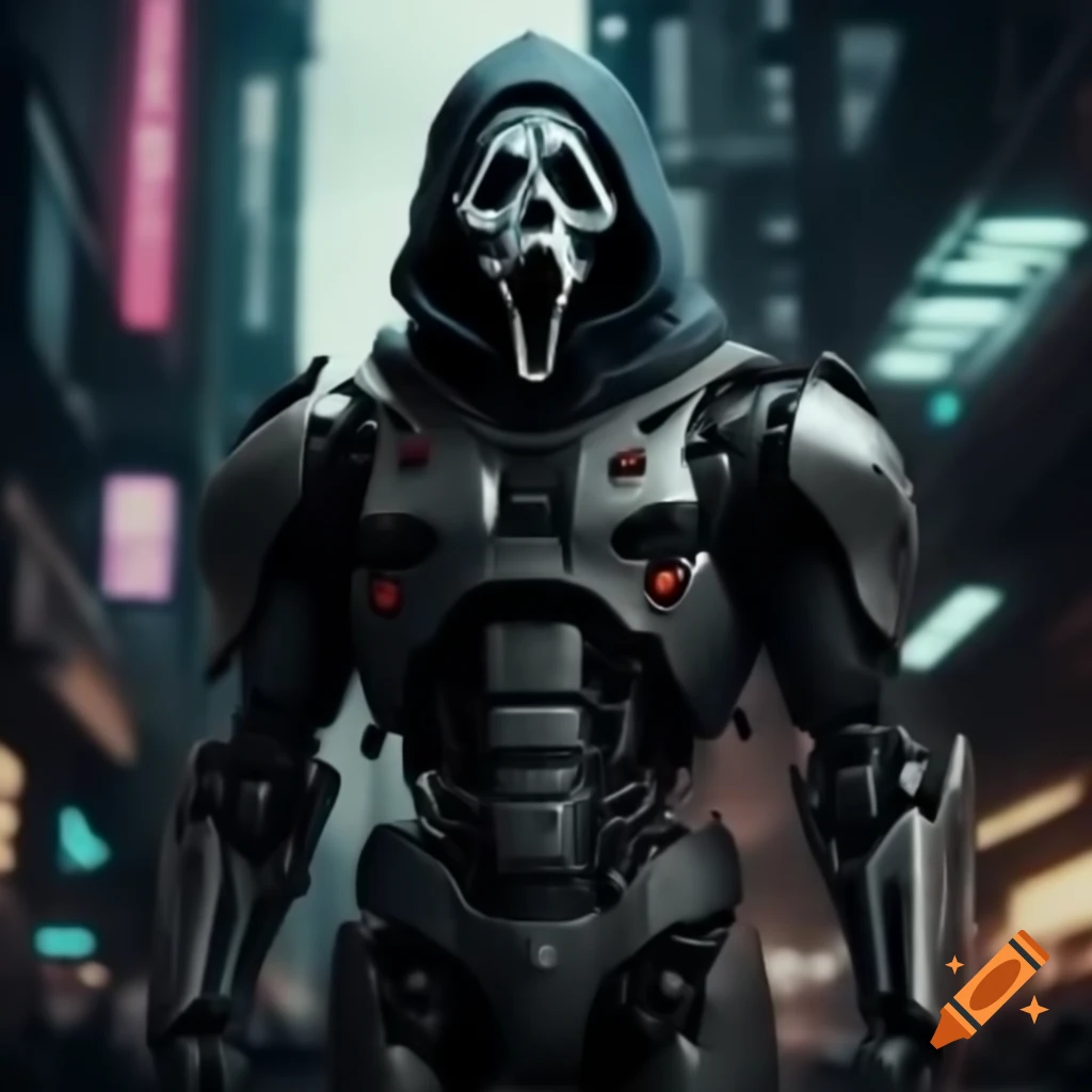 GhostFace robot armor in futuristic Cyberpunk city