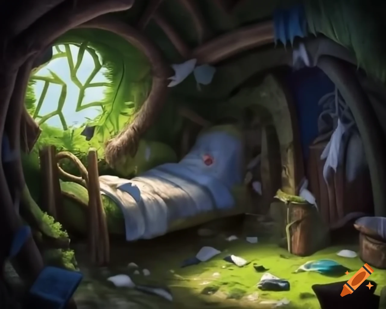 Cozy mossy hobbit bedroom with clothes strewn about