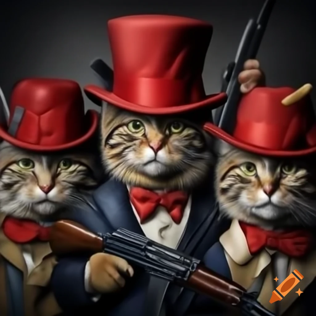 Cats wearing red hats, holding toy guns, playful satire