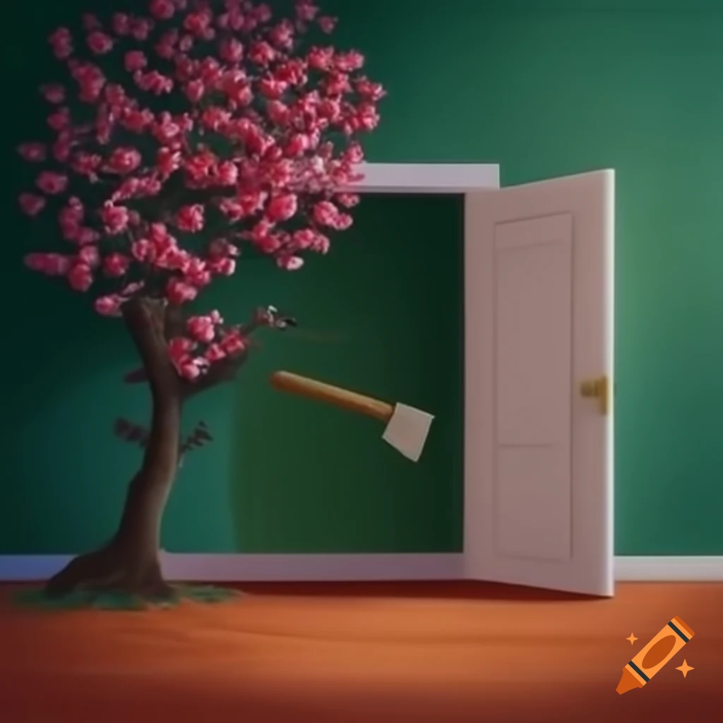 Cherry tree branch near closet door with axe leaning against wall
