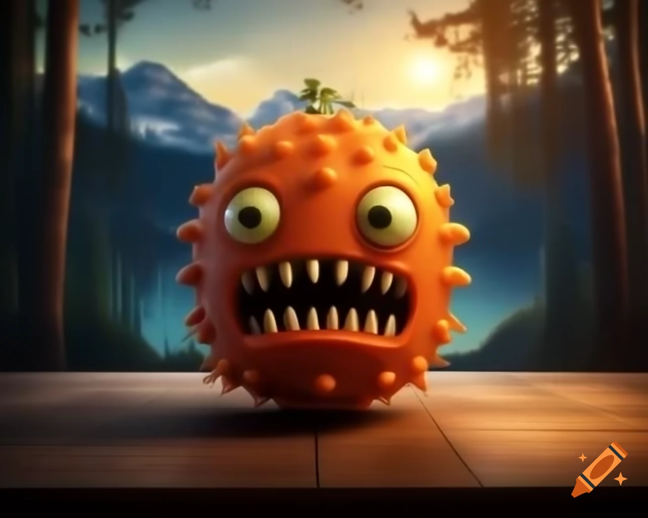 Hyper-realistic 3D orange monster with human features on wooden table