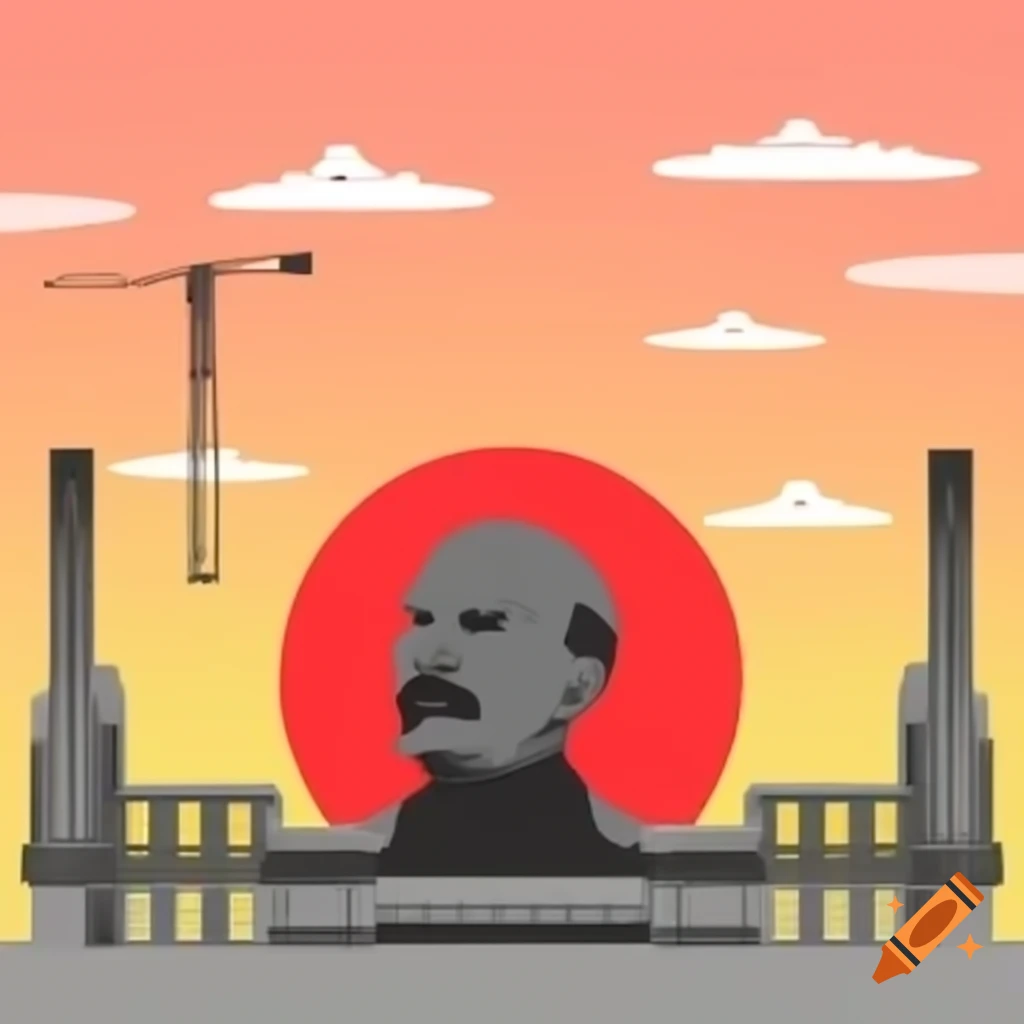 Constructivist avant-garde art featuring Lenin with building in background