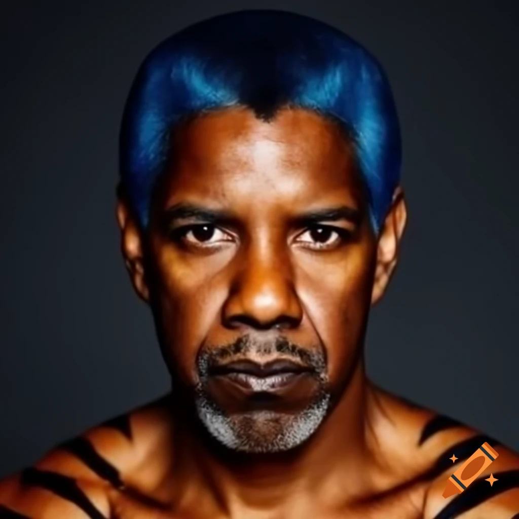 Muscular man with tiger-style makeup featuring blue hair and orange skin