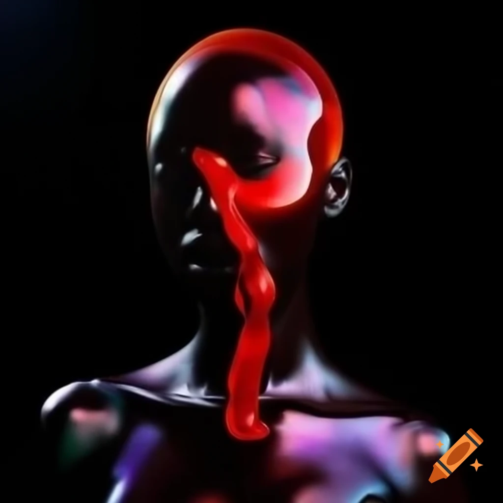 Pop surreal photography featuring iridescent red glass statue