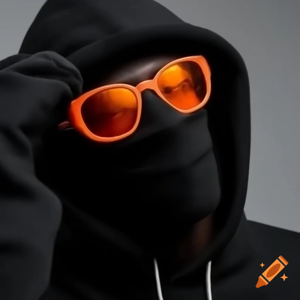 Individual wearing black hoodie, orange sunglasses, and black facemask
