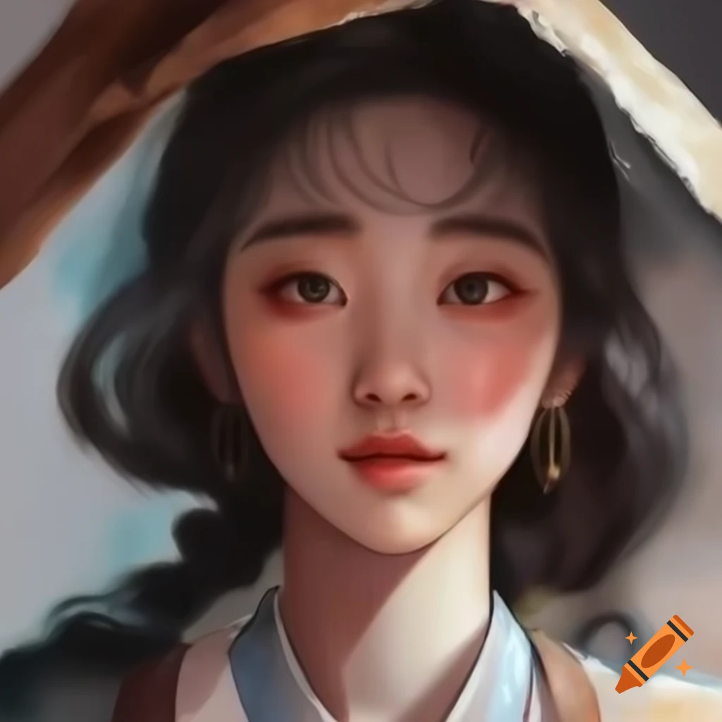 Detailed digital portrait of Korean woman in watercolor style inspired by Rembrandt