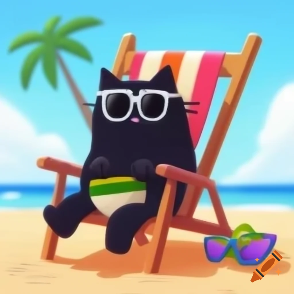 Cartoon black cat relaxing in beach chair with sunglasses