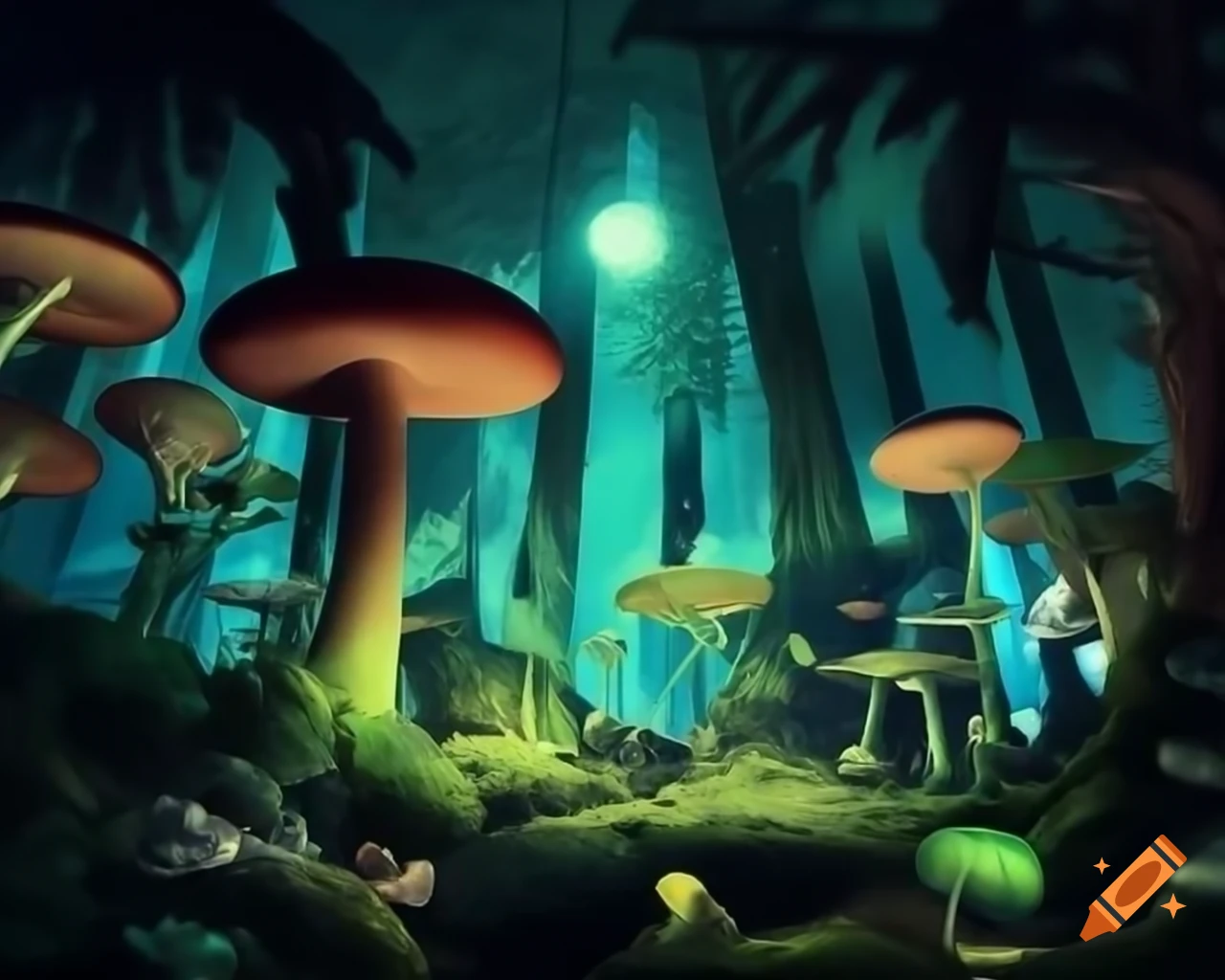 Surreal biopunk forest with glowing trees merging nature and technology