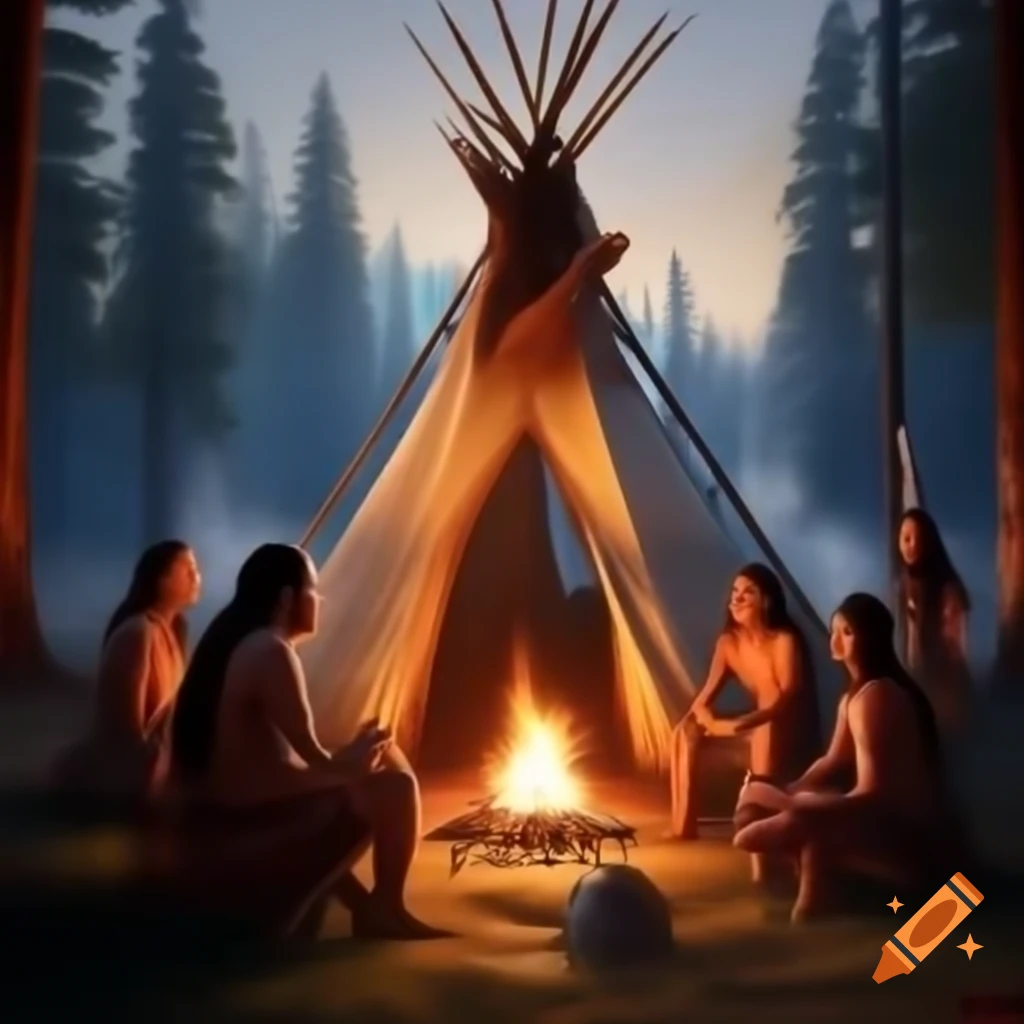 Native Americans gathered around fire with teepees in ultra realistic style