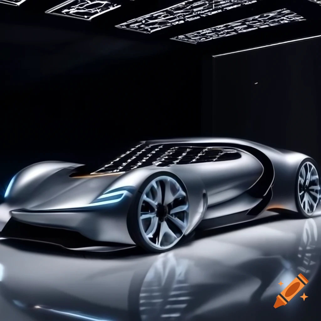 Futuristic Ariapunkshit model in luxurious white showroom with sleek silver exterior