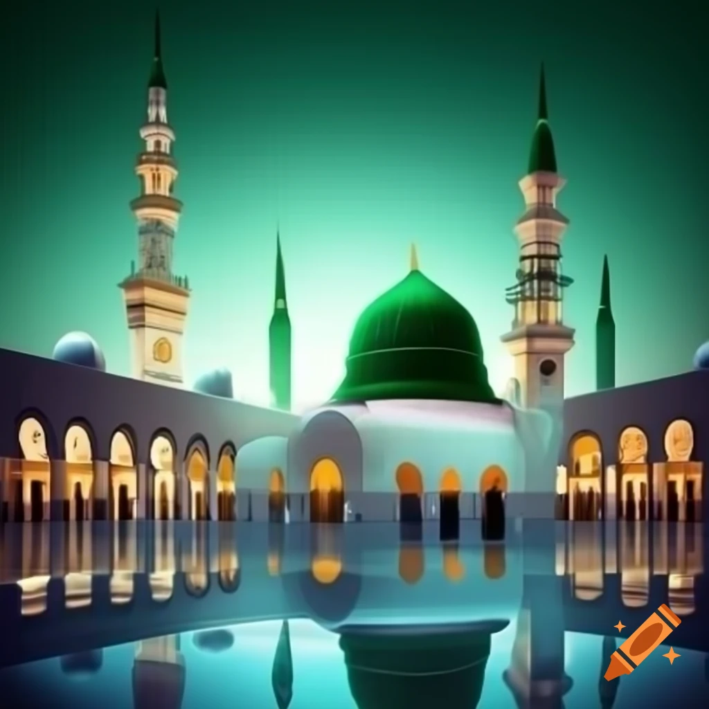 Transparent glass illustration of Madinah Sharif with green dome in holy mosque