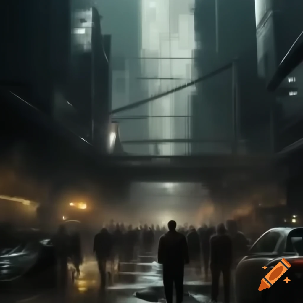 Dystopian cityscape with futuristic architecture