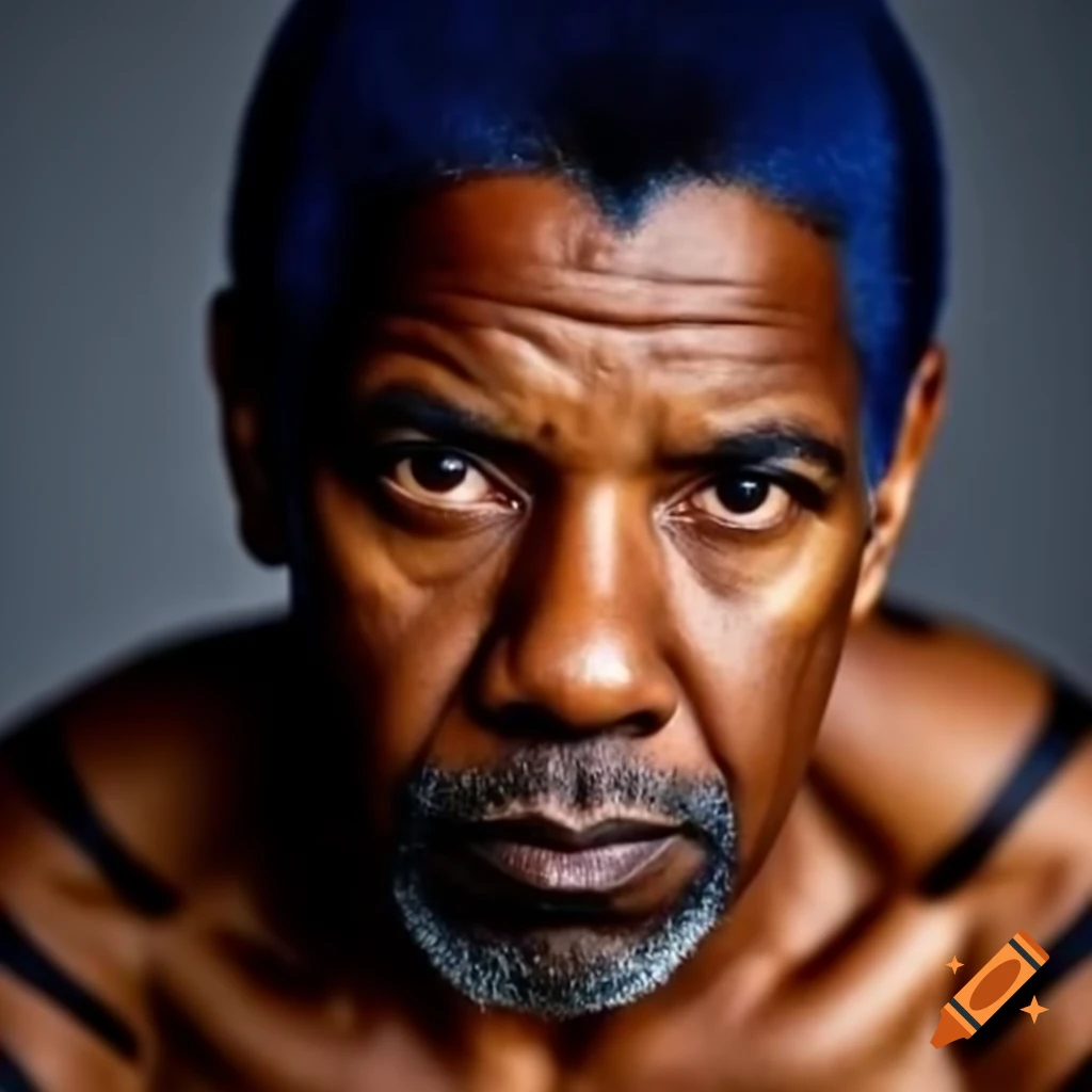 Muscular figure with tiger-style makeup and blue hair, featuring orange skin and black stripes