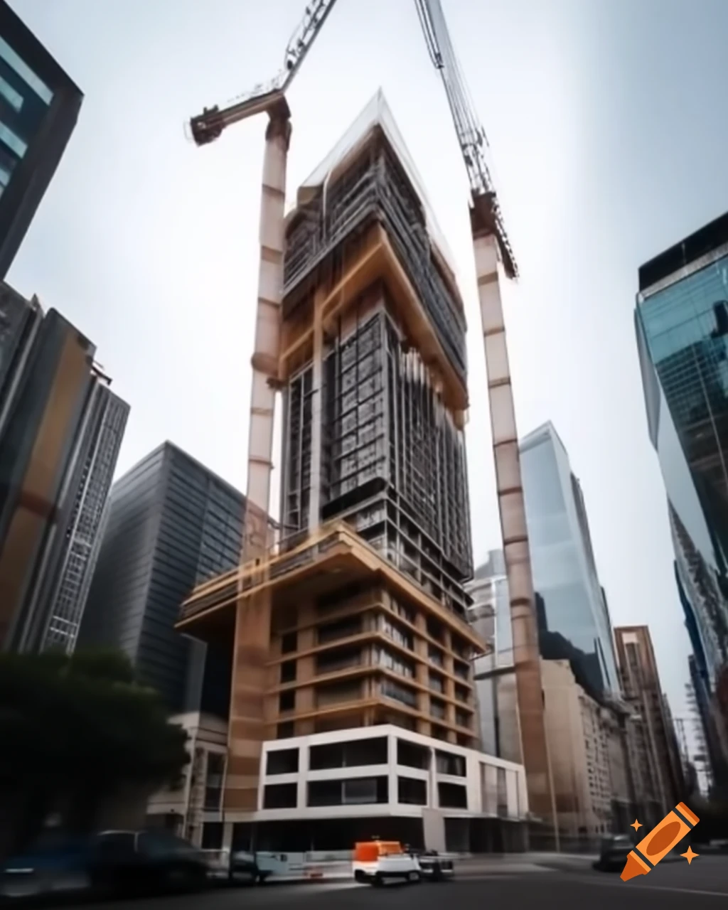 Modern high-rise building under construction with exposed concrete and cityscape view