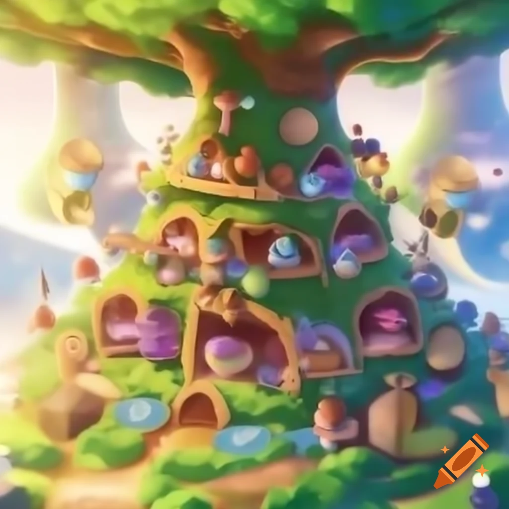 Magical tree with rooms and squirrels enjoying tea