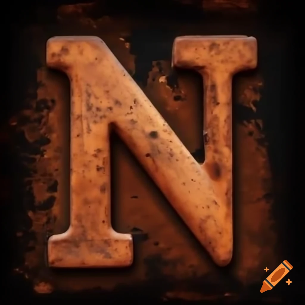 Rusted steel letter N on a textured surface