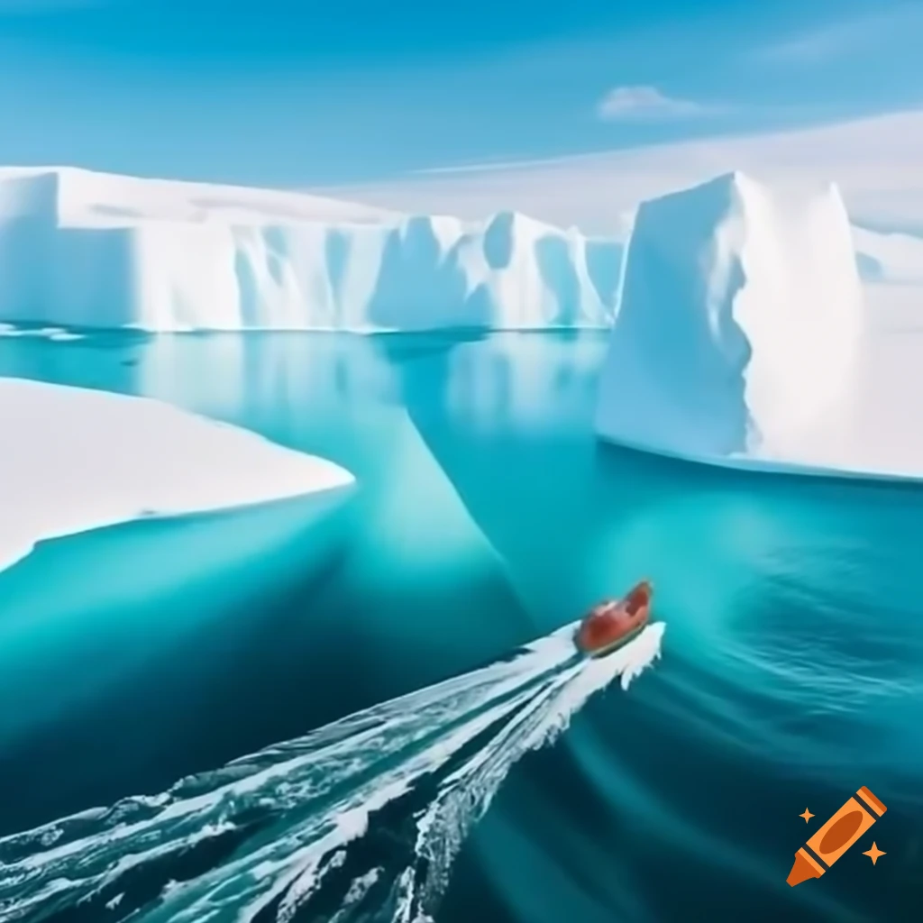 Northern sea with rowboats and icebergs under bright sunlight