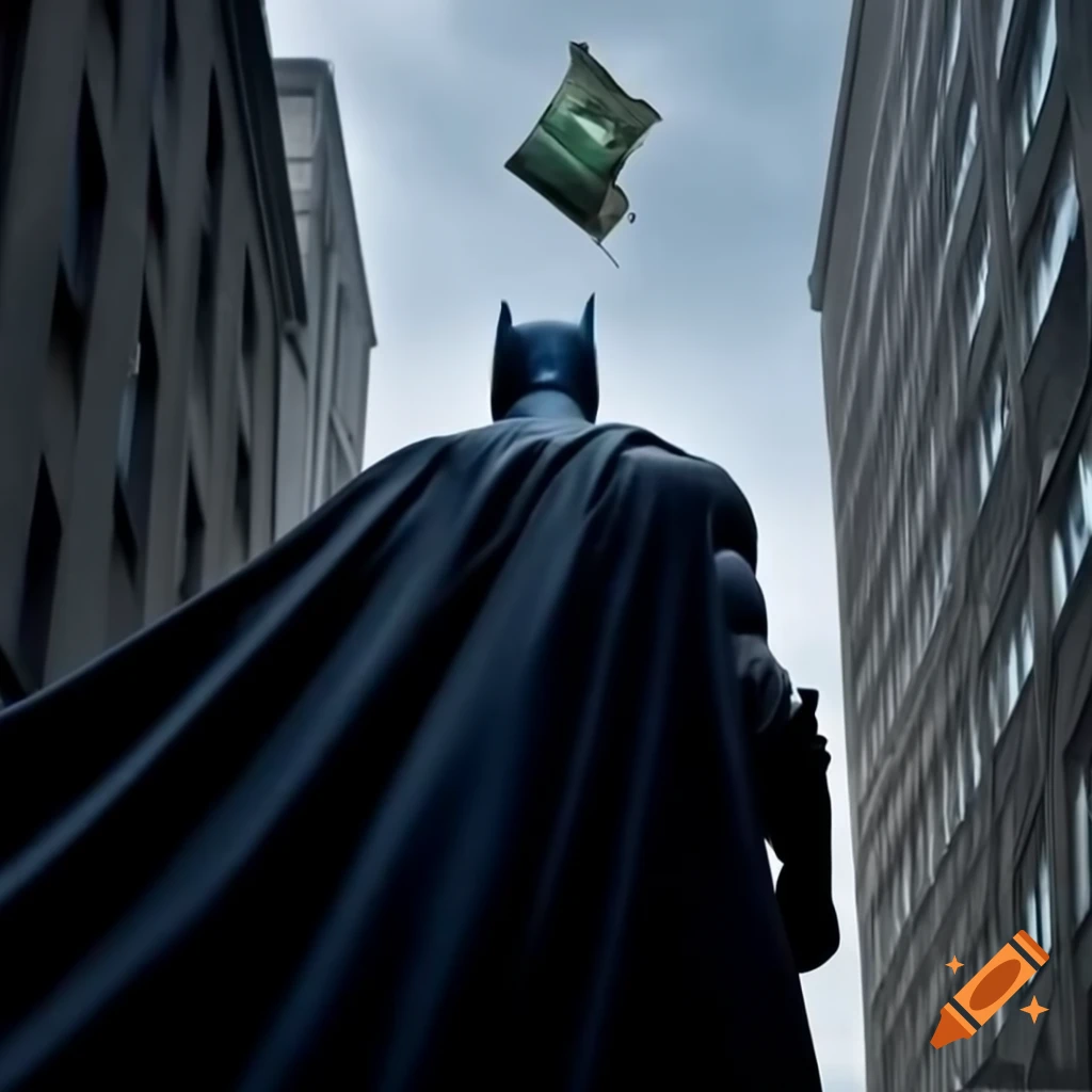 Batman standing on building edge with money bag against the sky