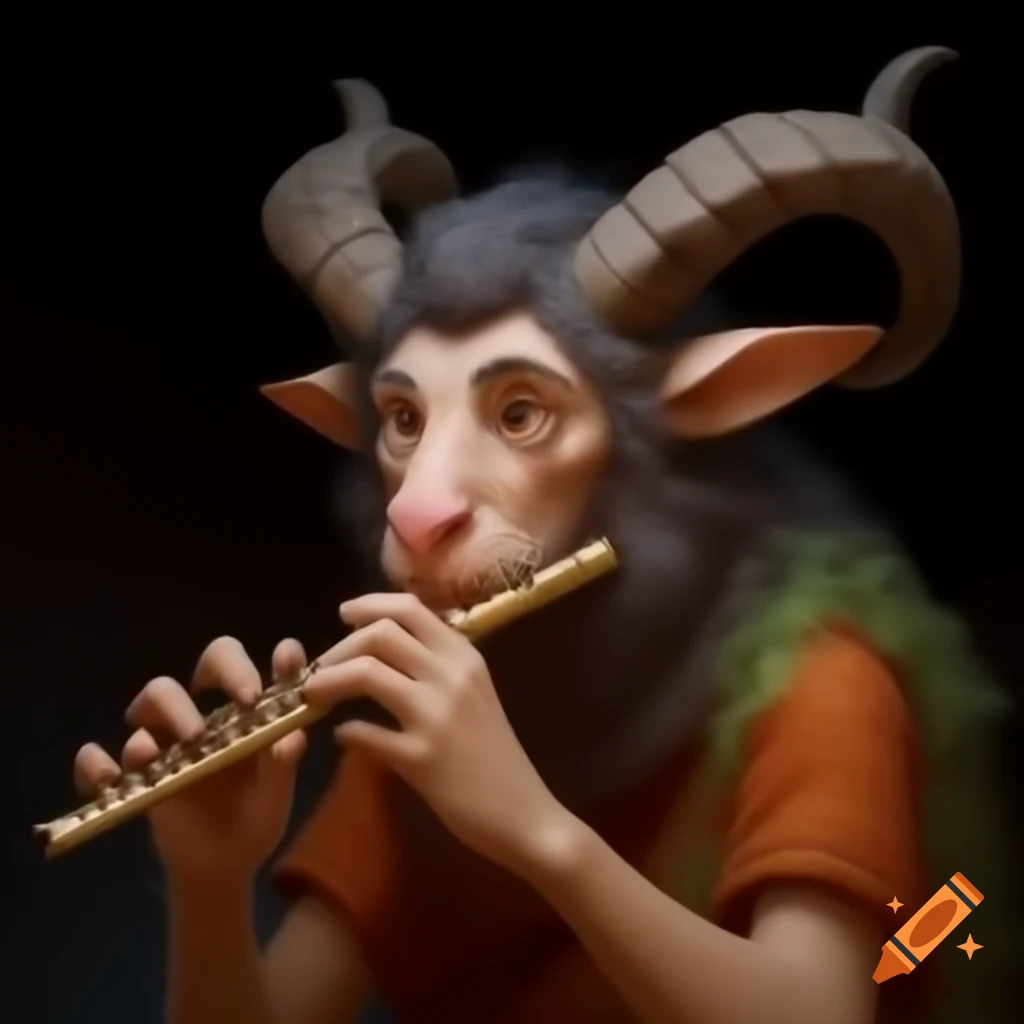 Satyr playing a flute in a mythical setting