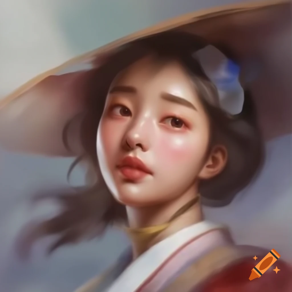 Detailed digital portrait of a charming Korean woman in watercolor style