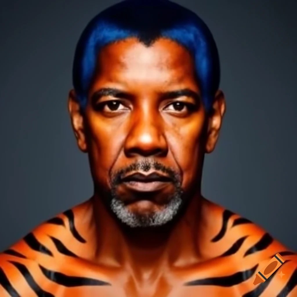 Muscular man with tiger-style makeup, featuring blue hair and orange skin