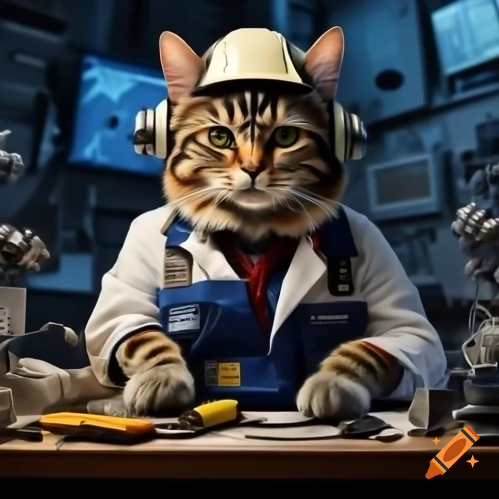 Cat dressed as engineer working on satellite in high-tech lab