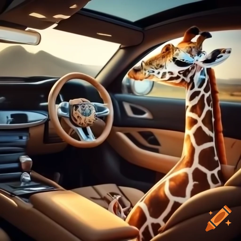 Giraffe sitting in a luxury car